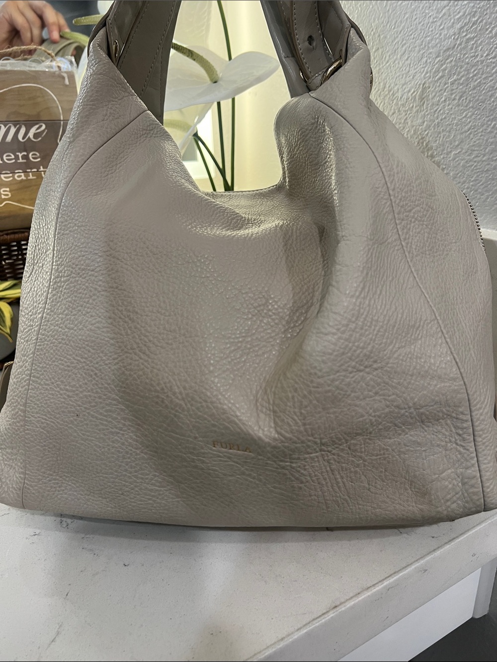 Furla Pebbled soft Leather Hobo Bag in Light Taupe